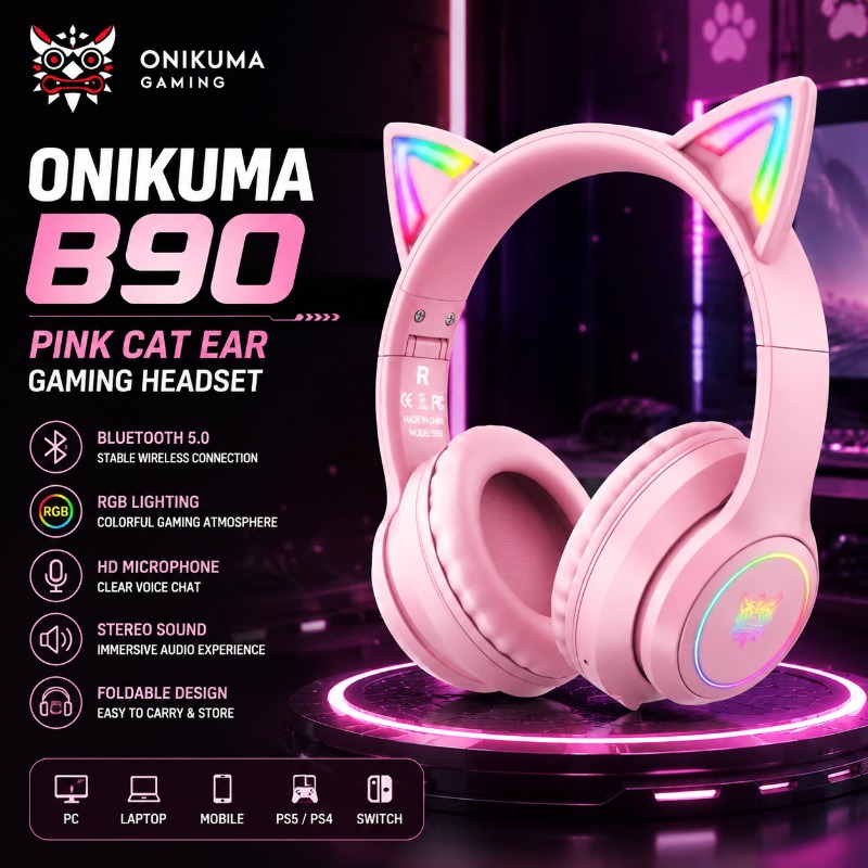 Gaming Headset With Mic Rgb - Onikuma B90 ピンク猫耳ゲーミングヘッドセット RGB Bluetooth 5.0