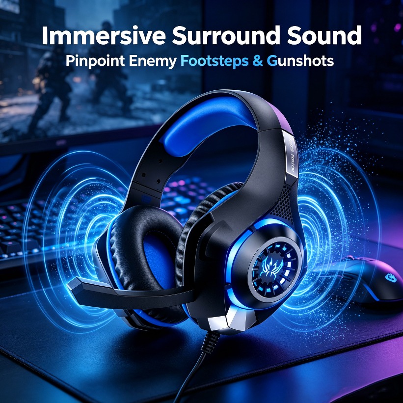 Gaming Headset With Mic Rgb - LED ゲーミングヘッドフォン マイク付き RGB オーバーイヤーヘッドセット ステレオサラウンドサウンド