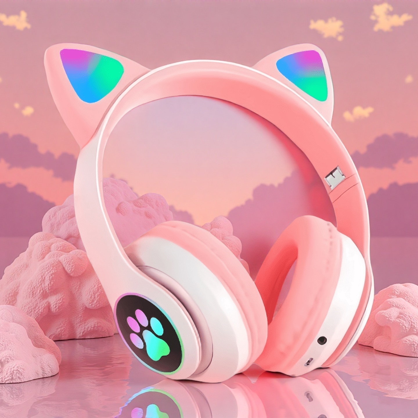 Cat Ear Bluetooth Headset Led - 新型フラッシュライト付きキュートな猫耳ワイヤレスヘッドホン、マイクコントロール、LEDライト、子供/女の子向けステレオミュージックヘルメット、スマホ用Bluetoothヘッドセット、ギフトに最適