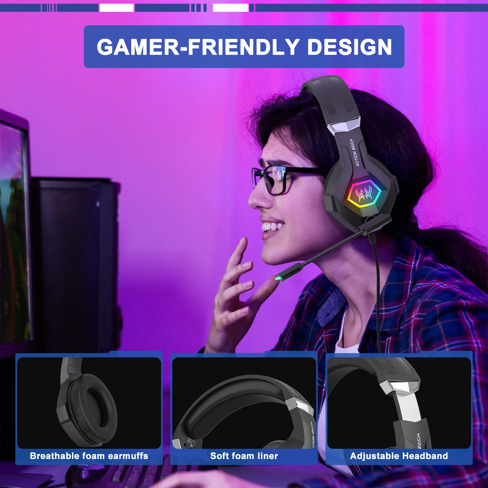 Gaming Headset With Mic Rgb - 7.1サラウンドサウンド、ノイズキャンセリングマイク、RGBライト付きPC用有線ゲーミングヘッドセット