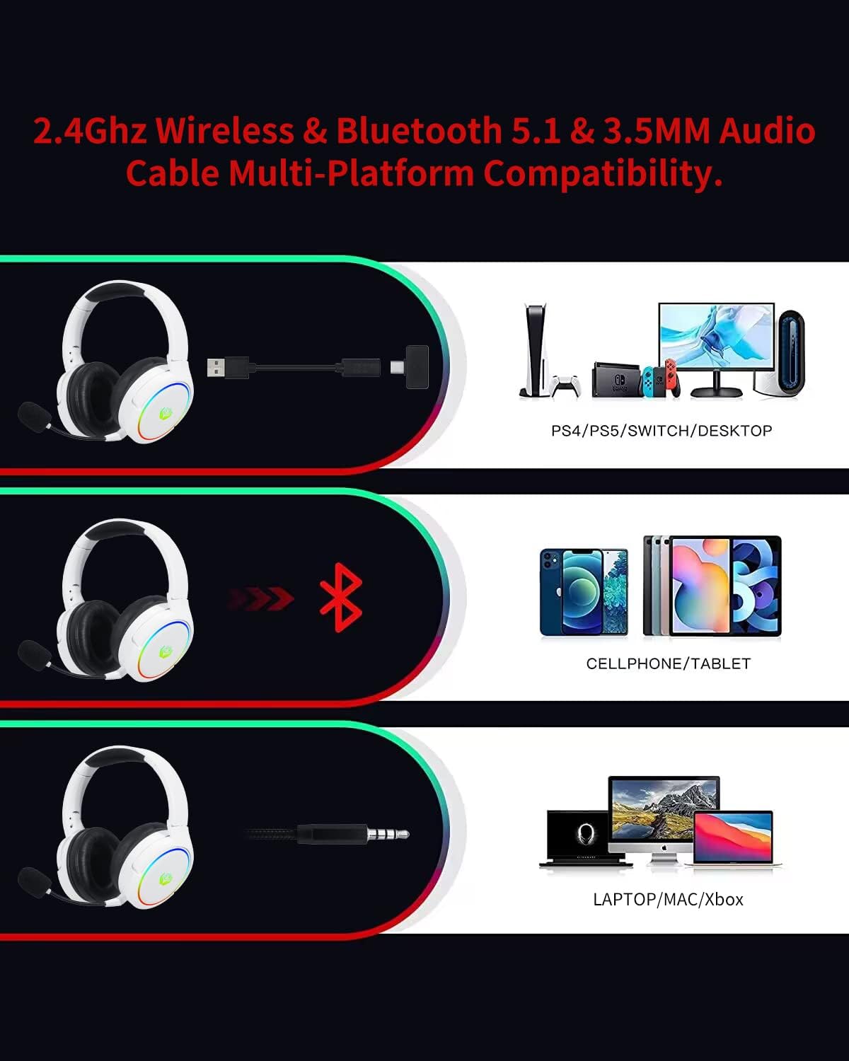HUO JI 2.4G/Bluetooth ワイヤレス ゲー - Gaming Headset With Mic Rgb のレビューと価格